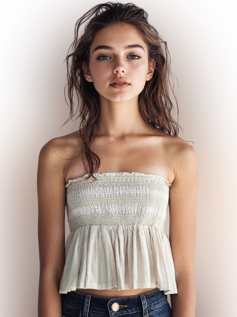 Beige Smocked Strapless Peplum Top